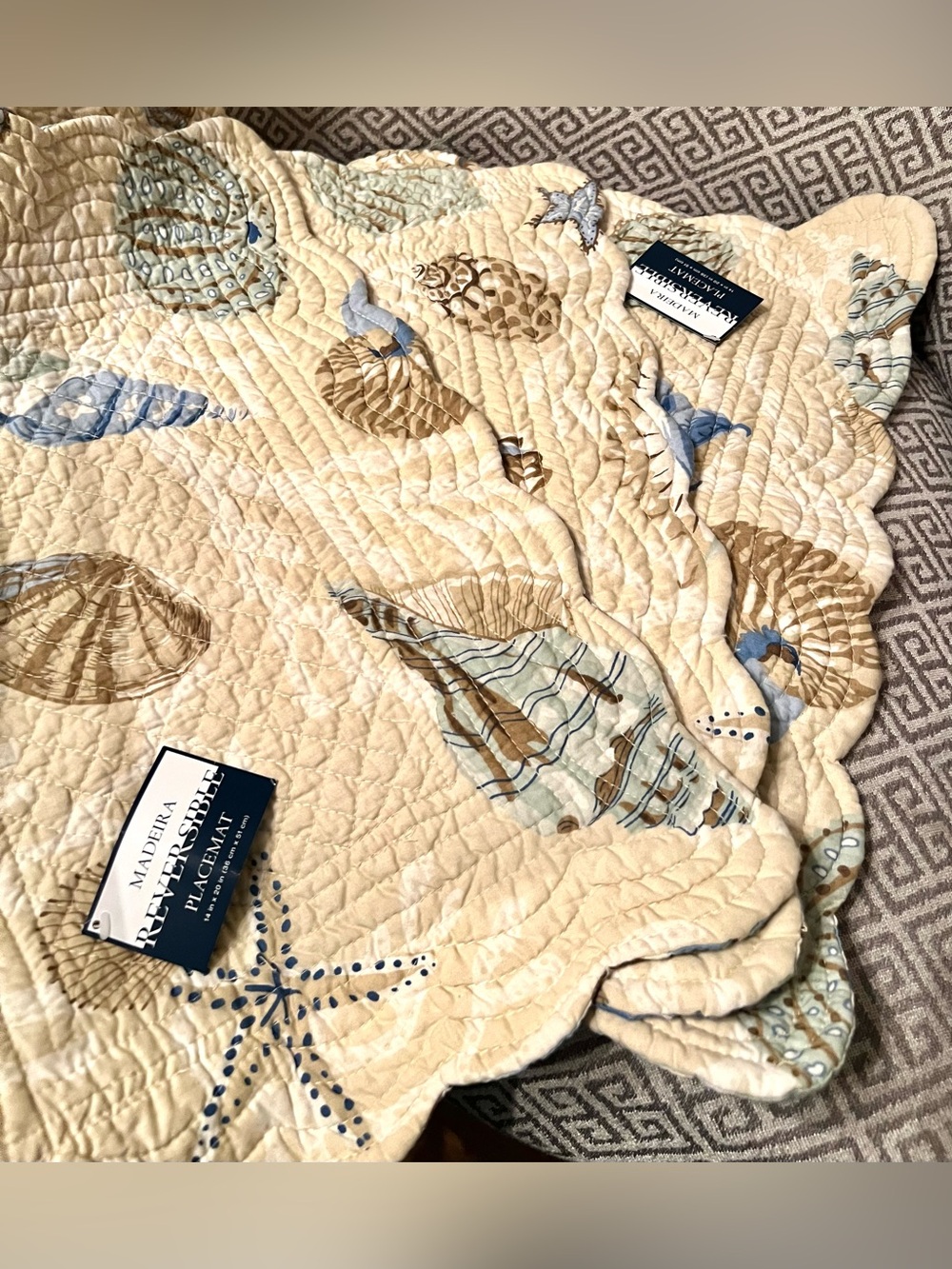 NEW MADEIRA Sea Shell/Striped Quilted Placemats. Set of 3. Reversible.